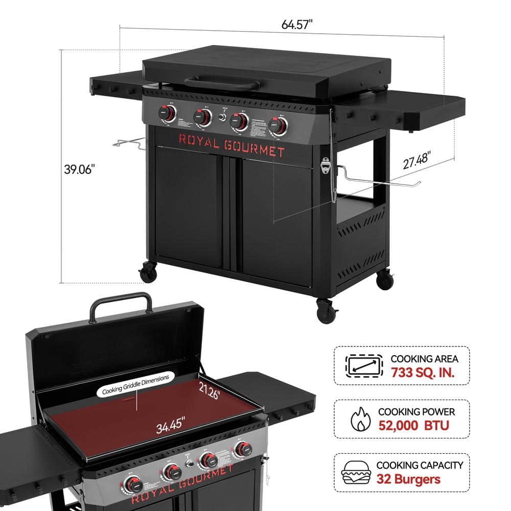 Premium 4-Burner Propane Grille in Gas Griddle in Black with Hood, Collapsible Side Shelves, 733 Sq. In. Cooking Area