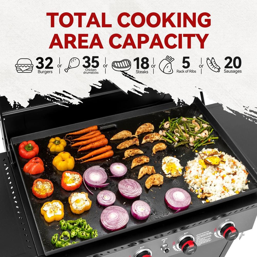 Premium 4-Burner Propane Grille in Gas Griddle in Black with Hood, Collapsible Side Shelves, 733 Sq. In. Cooking Area
