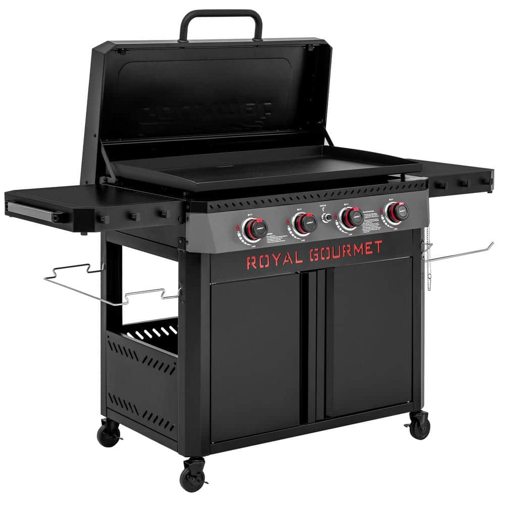 Premium 4-Burner Propane Grille in Gas Griddle in Black with Hood, Collapsible Side Shelves, 733 Sq. In. Cooking Area