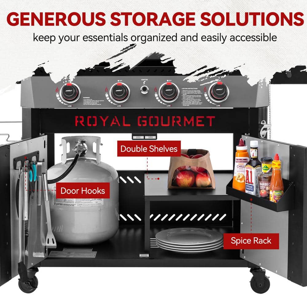 Premium 4-Burner Propane Grille in Gas Griddle in Black with Hood, Collapsible Side Shelves, 733 Sq. In. Cooking Area